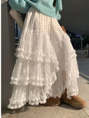 Boho Swiss Dot Lace Stretchy Waist Flared Ruffle Maxi Skirt